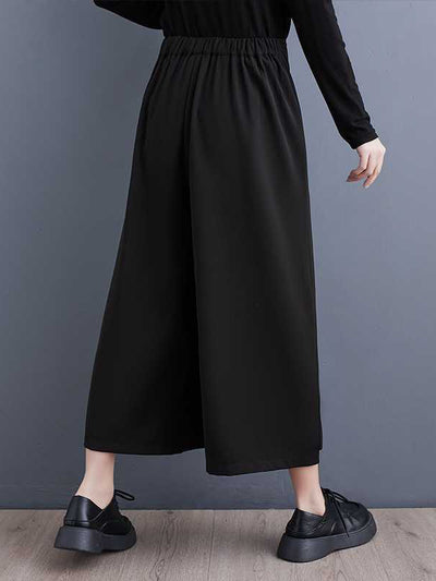 False Two High Waisted Asymmetric Elasticity Solid Color Tied Waist Culotte Ninth Pants