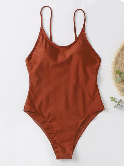 Solid Color Spaghetti-Neck One-Piece Swimwear