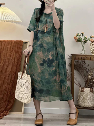 Plus Size Women Rerto Summer Print Loose Travel Ramie Dress