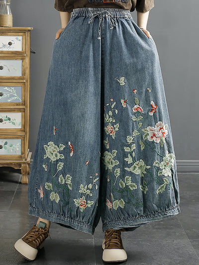 Women Spring Flower Embroidery Denim Wide-leg Pants