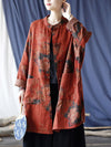 Women Vintage Red Flower Cotton Long Shirt