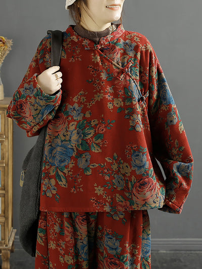 Plus Size Women Ethnic Flower Loose Slanted Shirt