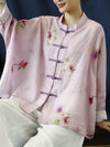 Plus Size Women Vintage Flower Pink Spring Ramie Shirt Coat