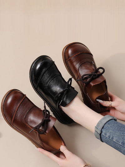 Women Vintage Leather Drawstring Flat Shoes