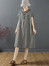 Plus Size Women Summer Retro Lattice Button Polo Collar Loose Dress