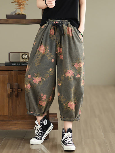 Women Summer Retro Flower  Denim Loose Pants