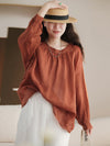 Plus Size Women Summer Solid Vintage Full Sleeve Ramie Shirt