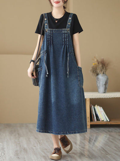 Women Summer Retro Pleat Drawstring Pocket Denim Dress