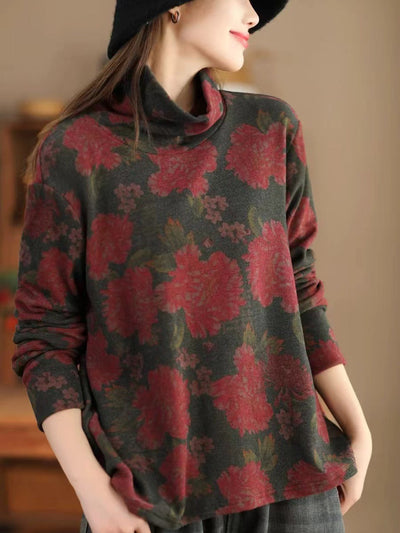 Women Vintage Autumn Flower Turtleneck Sweatshirt