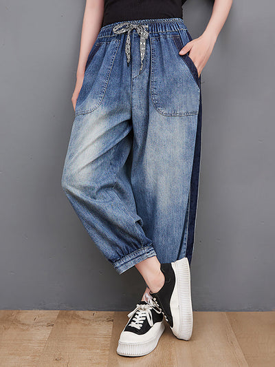 Women Spring Wahed Spliced Cotton Denim Pants