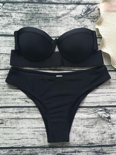 Strapless Striped&Plain Bikinis Swimwear