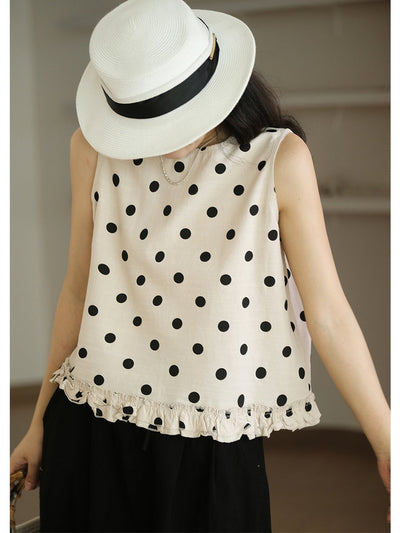 Plus Size Women Casual Dot Lacework Hem Loose Cotton Vest