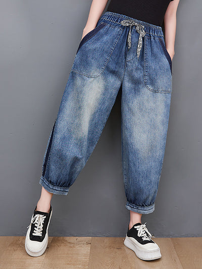 Women Spring Wahed Spliced Cotton Denim Pants