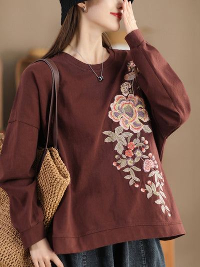 Women Vintage Spring Flower Embroidery O-Neck Shirt