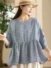 Women Summer Vintage Plaid Spliced Linen Shirt