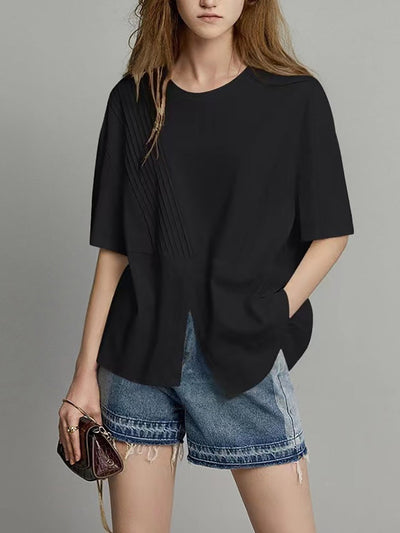 Plus Size Women Summer Casual Split Hem Pleat Spliced Solid Shirt