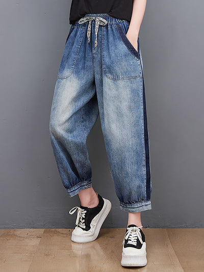 Women Spring Wahed Spliced Cotton Denim Pants