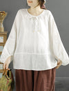 Plus Size Women Autumn O-Neck 100%Linen Loose Blouse