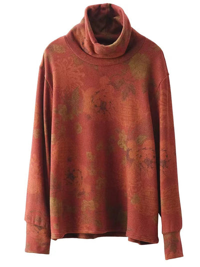 Women Vintage Autumn Flower Turtleneck Sweatshirt