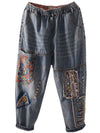 Women Summer Retro Embroidery Spliced Burrs Denim Pants