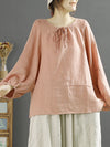 Plus Size Women Autumn O-Neck 100%Linen Loose Blouse