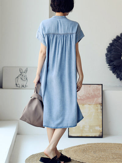 Plus Size Women Summer Casual Solid Blue Denim Dress