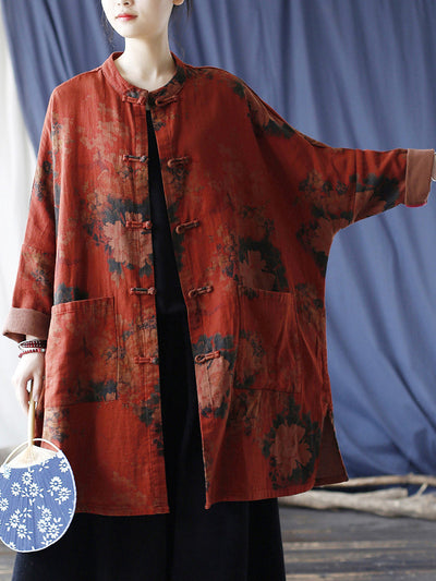 Women Vintage Red Flower Cotton Long Shirt