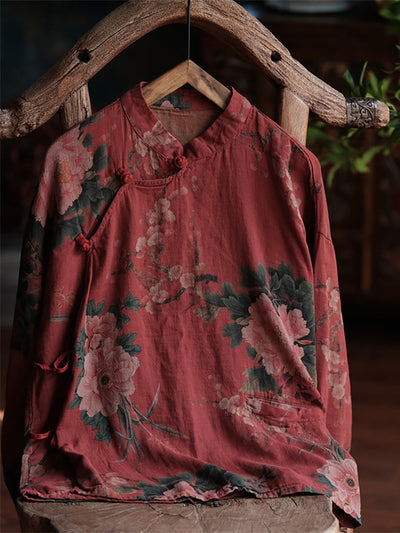 Women Retro Flower Spring Loose Shirt