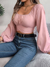 Long Sleeves Puff Sleeves Elasticity Pleated Solid Color Split-Joint Square-Neck Blouses&Shirts Tops