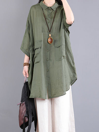 Plus Size Women Casual Summer Pocket 100%Linen Shirt