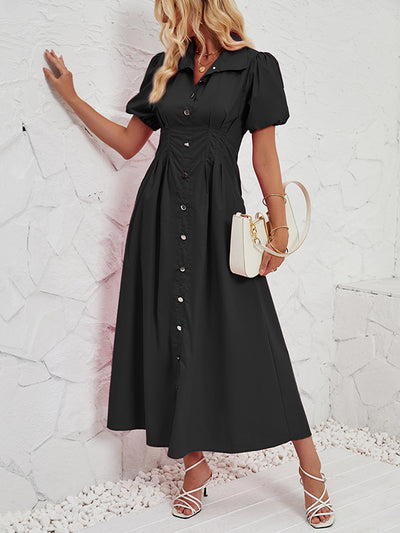 Loose Puff Sleeves Pleated Split-Joint Lapel Maxi Dresses Shirt Dress