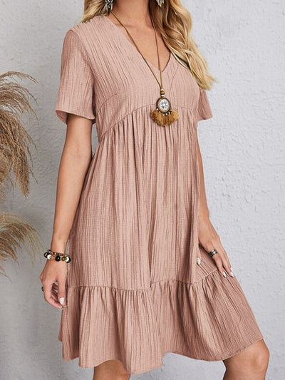 A-Line Loose Pleated Solid Color Split-Joint V-Neck Mini Dresses