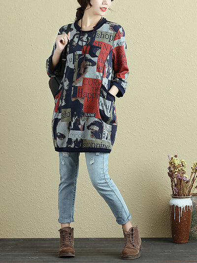 Plus Size Women Autumn Print Stylish Pockets Long Shirt