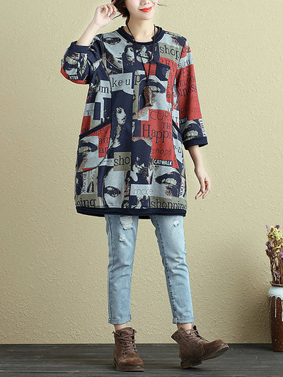 Plus Size Women Autumn Print Stylish Pockets Long Shirt