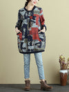 Plus Size Women Autumn Print Stylish Pockets Long Shirt