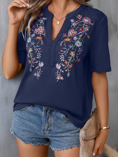 Half Sleeves Loose Embroidered Split-Joint V-Neck T-Shirts Tops