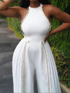 High Waisted Sleeveless Chains Pleated Split-Joint Round-Neck Jumpsuits