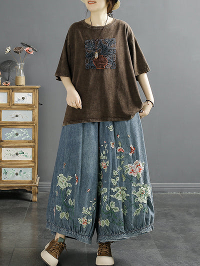 Women Spring Flower Embroidery Denim Wide-leg Pants