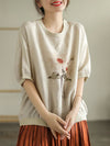 Plus Size Women Linen Casual Summer Flower Short Sleeve T-Shirt