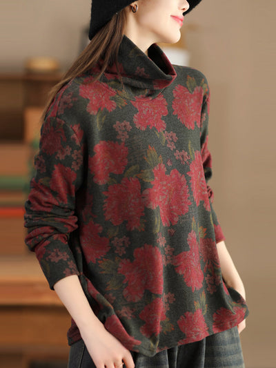 Women Vintage Autumn Flower Turtleneck Sweatshirt