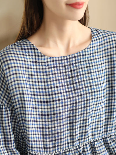 Women Summer Vintage Plaid Spliced Linen Shirt