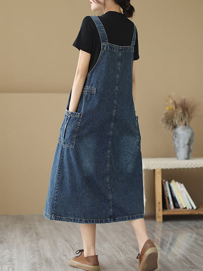 Women Summer Retro Pleat Drawstring Pocket Denim Dress