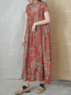 Plus Size Women Summer Ethnic Flower Ramie Dress