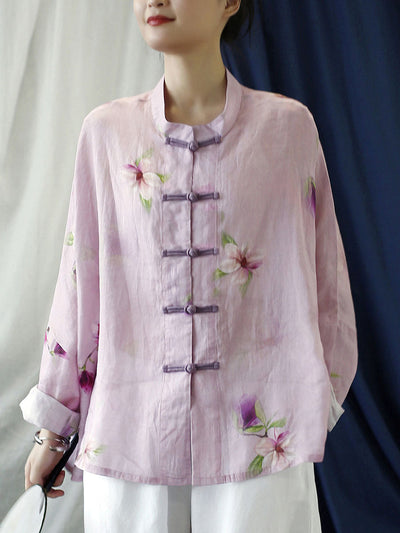 Plus Size Women Vintage Flower Pink Spring Ramie Shirt Coat