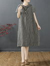 Plus Size Women Summer Retro Lattice Button Polo Collar Loose Dress