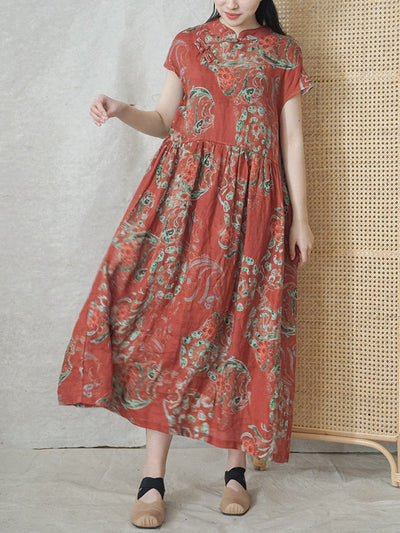 Plus Size Women Summer Ethnic Flower Ramie Dress