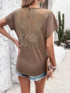 Loose Short Sleeves Backless Drawstring Pleated See-Through Solid Color Tied Deep V-Neck T-Shirts Tops