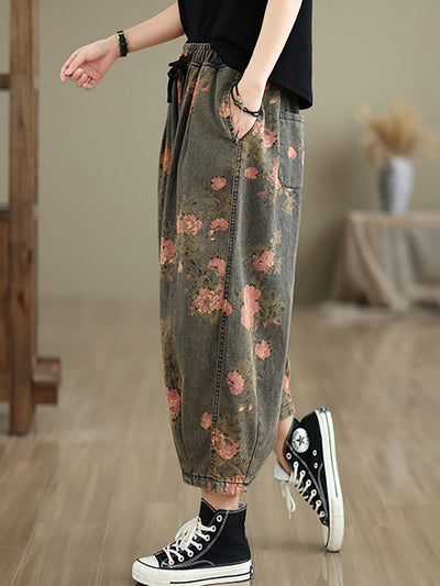 Women Summer Retro Flower  Denim Loose Pants