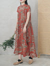 Plus Size Women Summer Ethnic Flower Ramie Dress