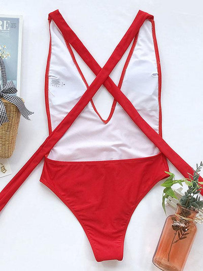 Deep V-Neck Backless Bandage One-Piece Swimwear